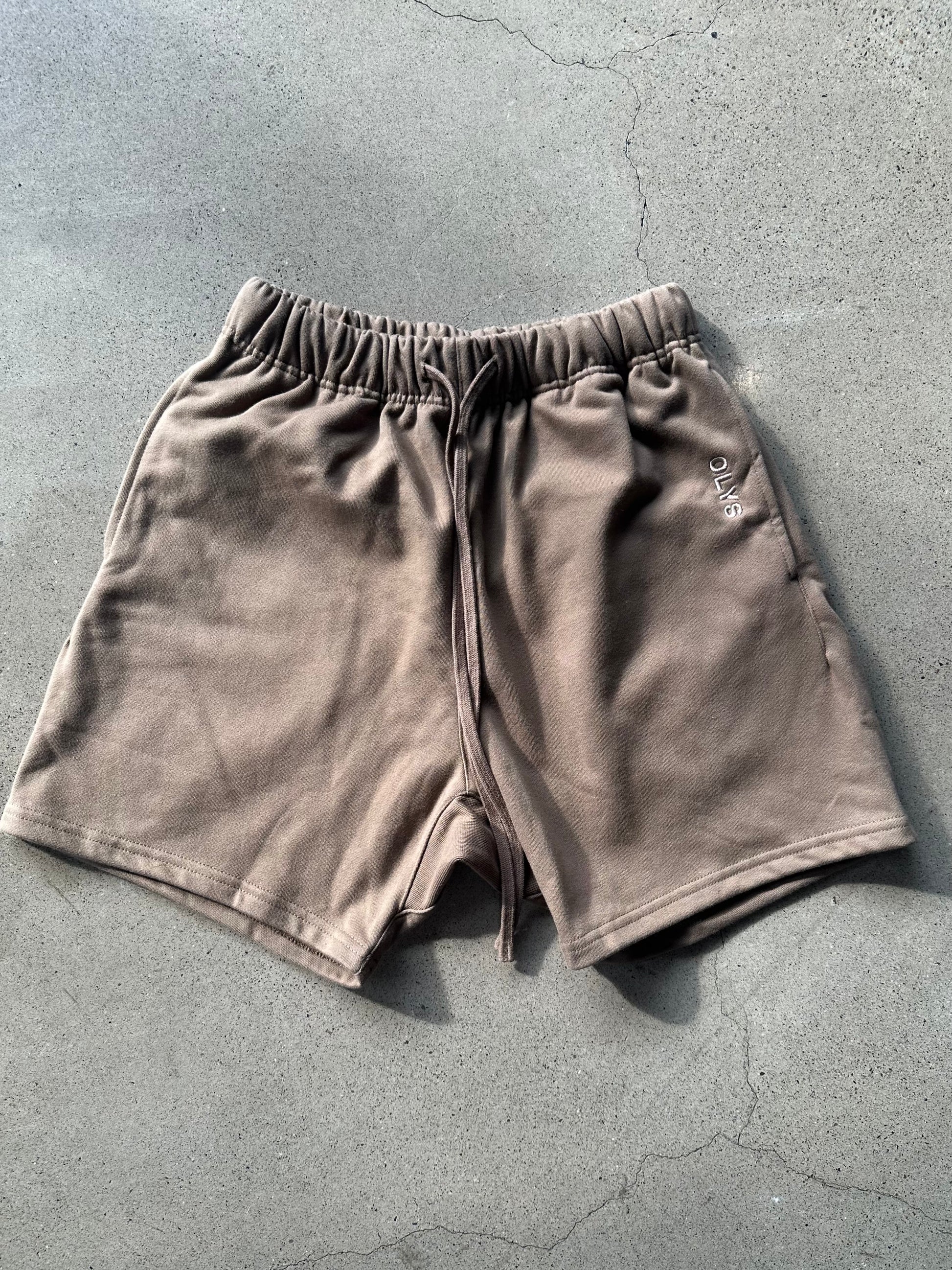 棕色 OLYS 刺繡 Logo 男棉質短褲,休閒風格,腰間抽繩設計